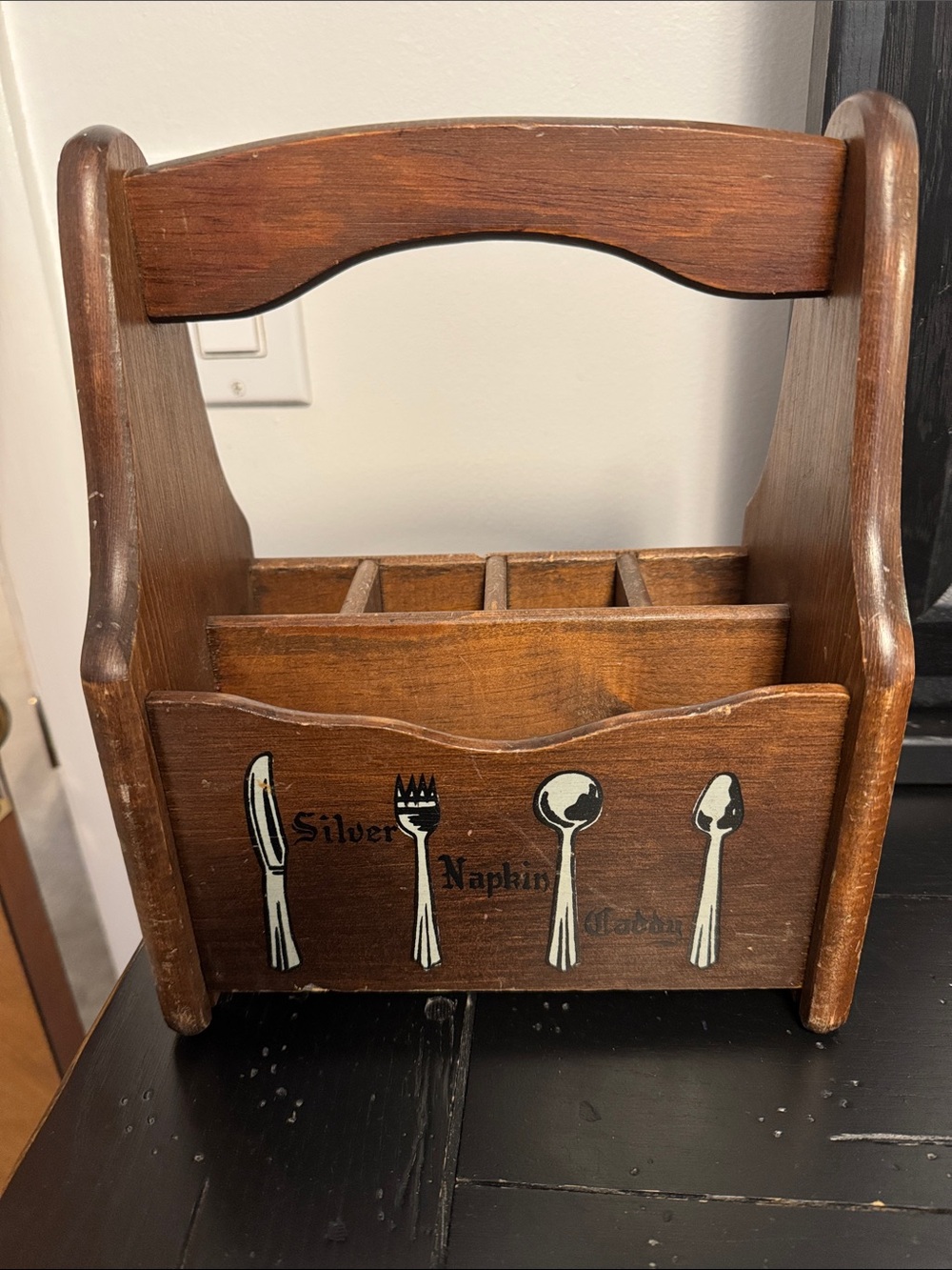 Vintage Wooden Utensil and Napkin Caddy - Brown measures 10”X 8”